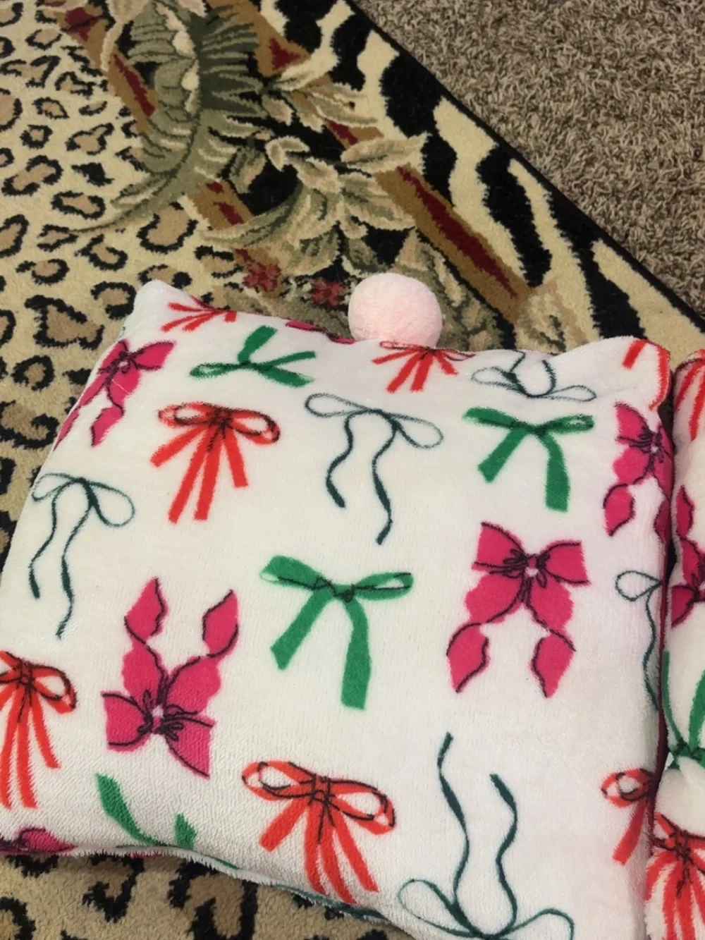 Floral Bow Accent Pillow Pair - Pink & Green on White